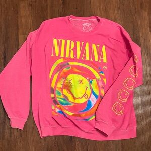 Nirvana Sweatshirt Pink Smile face oversized Sweater Rock Band Crewneck Size M